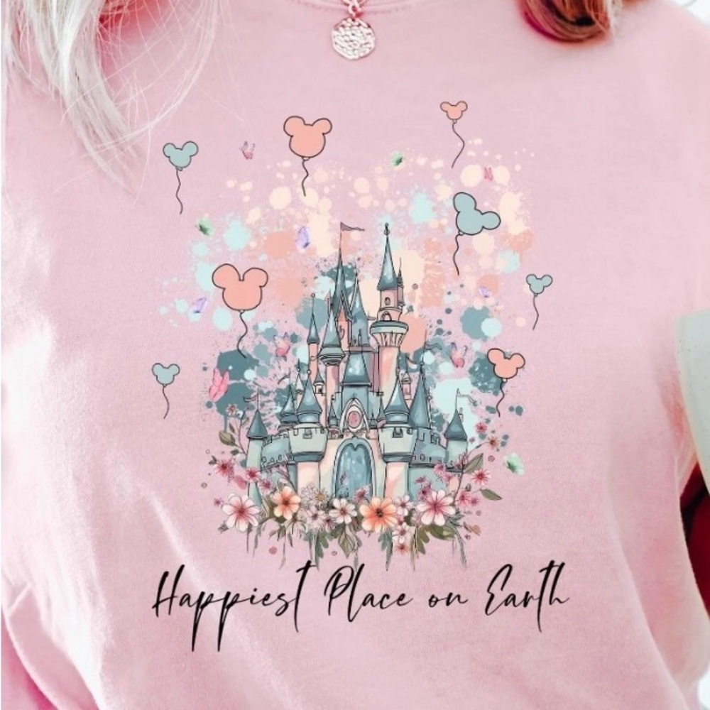 White or Pink Graphic T-Shirt with Disney castle Happiest place on earth
